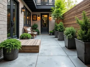 Rustic Industrial Patio - An apartment patio combining stamped concrete floors with industrial elements, featuring metal planters and vintage furniture, shot from a low angle