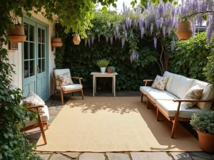 Rustic Jute Carpet Patio - Wide angle view of a natural jute-style outdoor carpet, featuring farmhouse furniture, vintage accessories, and climbing wisteria