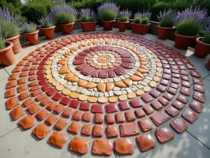 Rustic Mandala Mosaic - Wide angle shot of a large mandala pattern created with terracotta and natural stone pieces, surrounded by potted lavender plants