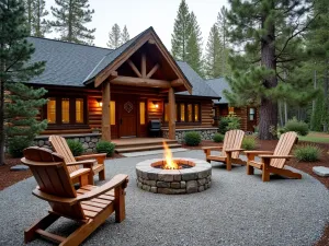 Rustic Mountain Gravel Retreat - Wide shot of a mountain cabin patio with natural granite gravel, surrounded by native conifers and featuring rustic log furniture. A stone fire pit serves as the central gathering space.