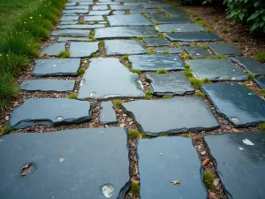 Rustic Slate Stone Patio - A rustic patio floor made of irregular slate stones in varying shades of gray and blue, with moss growing between the stones, photographed from above in natural daylight