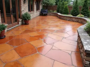 Rustic Terracotta Effect - Wide angle view of a concrete patio floor painted with a faux terracotta finish, complete with intentional weathering effects and subtle color variations