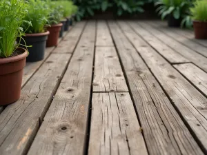 Rustic Wood Deck Tiles - Weathered wooden deck tiles in a modular pattern, close-up showing rich grain texture and natural aging, with potted herbs along the edge