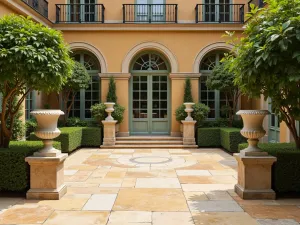 Sandstone French Courtyard - An elegant French-inspired courtyard with golden sandstone tiles in a Versailles pattern, normal view showing classical urns and formal plantings