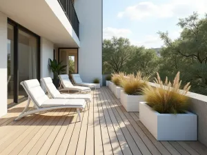 Scandinavian Minimal Balcony - A clean-lined apartment balcony with light wooden decking, simple white furniture, and geometric planters with native grasses, shot in bright natural light