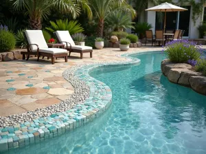 Seaside Inspired Glass Mosaic - Wide shot of a coastal-themed patio floor featuring a wave pattern mosaic made from recycled sea glass and ceramic tiles in aqua, turquoise, and sandy beige