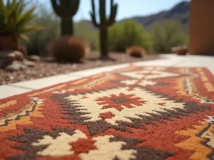 Southwestern Carpet Design - Close-up of a Southwestern pattern outdoor carpet in earth tones, showing texture detail with desert landscaping and cacti in background