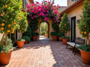 Spanish-Style Brick Patio - Mediterranean-inspired brick patio with terracotta and painted ceramic tile accents, surrounded by potted citrus trees and bougainvillea