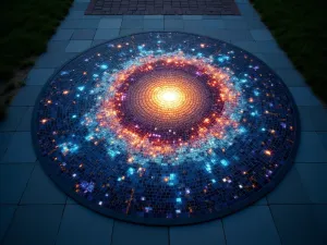 Spiral Galaxy Mosaic - Aerial shot of a modern spiral galaxy pattern created with illuminated glass mosaic tiles that glow in the dark, surrounded by simple grey tiles