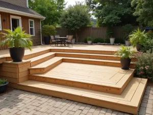 Split-Level Wood Deck - Normal view of a multi-level wooden patio with connecting steps, featuring consistent plank direction across all levels