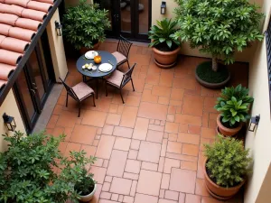 Stamped Concrete Courtyard - Small courtyard patio with terra cotta colored stamped concrete in Ashlar slate pattern, Mediterranean pottery and citrus trees, aerial view