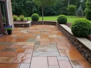 Stamped Concrete Design - Detailed view of stamped concrete patio floor mimicking natural stone, with an aged copper finish and built-in planters containing boxwood