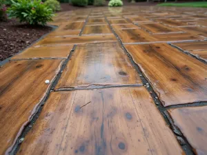 Stamped Concrete Forest Floor - Close-up of a stamped concrete patio floor with a realistic wood grain texture, stained in warm earth tones to mimic forest floor patterns