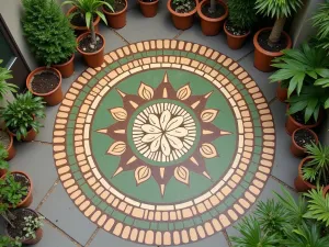 Stenciled Garden Mandala - Aerial view of a circular patio floor featuring a large mandala pattern stenciled in earthy green and brown tones, surrounded by potted plants