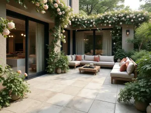 Stone-Effect Porcelain Garden Patio - Natural stone-effect porcelain tiles creating a seamless indoor-outdoor transition, with climbing roses and comfortable seating area