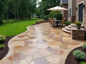 Natural Stone-Look Concrete - Wide view of a stamped concrete patio mimicking large natural stone slabs with realistic texture and varied earth tones