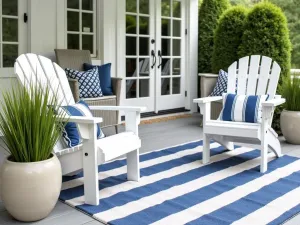 Striped Nautical Carpet Design - Coastal-style patio with navy and white striped outdoor carpet, white Adirondack chairs, and decorative grass plants in ceramic planters