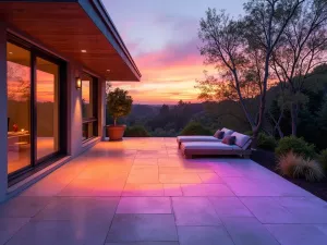 Sunset Gradient - Wide view of a patio floor painted in a gradual color transition from deep orange to purple, mimicking a sunset sky