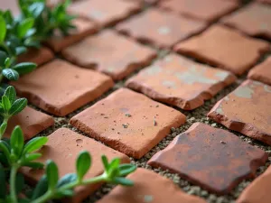 Terra Cotta Tile Meditation - Close-up of handmade terra cotta tiles with subtle variations in color and texture, surrounded by Mediterranean herbs