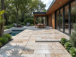 Terrazzo-Effect Porcelain - Wide shot of a contemporary patio with terrazzo-effect porcelain tiles, featuring colorful speckled patterns