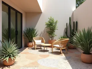 Terrazzo-Style Small Patio - Modern small patio with terrazzo-inspired concrete flooring in pastel tones, minimal furniture, and structural plants, wide angle view