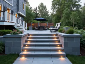 Transitional Composite Steps - Wide angle view of broad composite steps in slate gray, transitioning from house to patio with integrated lighting and white railing