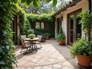 Travertine Bistro Patio - Small circular patio with tumbled travertine tiles in Versailles pattern, bistro set, and potted Mediterranean herbs, wide angle view