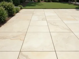 Travertine Modern Courtyard - A contemporary patio floor with large-format cream travertine tiles laid in a linear pattern, wide-angle view showing the clean lines and minimal design