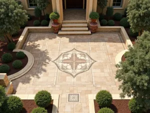 Travertine Tile Layout - Elegant travertine tile patio floor in a Versailles pattern, aerial view showing the complete layout with Mediterranean-style pottery and olive trees