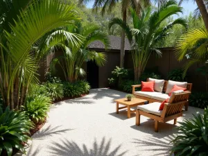 Tropical Paradise Gravel Garden - White coral gravel patio with lush tropical plantings creating a paradise-like setting. Teak furniture and colorful cushions add warmth to the space. Palm shadows create interesting patterns on the ground.