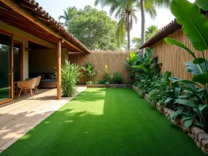 Tropical Paradise Turf - Wide-angle view of a tropical-styled patio with artificial grass, surrounded by lush tropical plants and bamboo screens