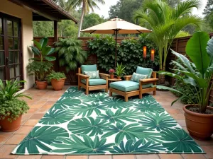 Tropical Print Carpet Oasis - Wide shot of a tropical-themed patio with a large palm leaf print outdoor carpet, surrounded by bird of paradise plants and tiki torches