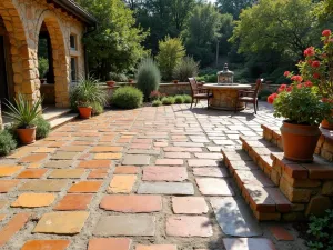 Tuscan Villa Stones - A weathered stone patio in warm Tuscan colors, featuring reclaimed antique pavers with worn edges, wide-angle view of the rustic setting