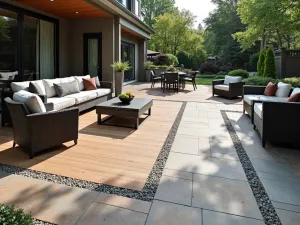 Two-Tone Composite Patio with Border - Wide angle view of a sophisticated patio featuring two-tone composite decking in espresso and sandstone colors, with decorative border inlay and modern outdoor furniture