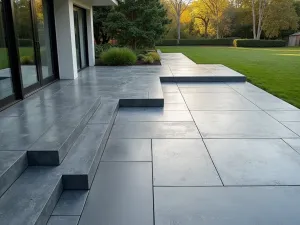 Two-Tone Concrete Design - Modern two-tone concrete patio combining smooth and textured finishes in contrasting light and dark gray, photographed in morning light