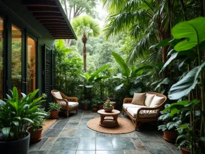 Urban Jungle Floor Design - A lush apartment patio with dark stone tile flooring, abundant tropical plants, and rattan furniture, creating a jungle-like atmosphere