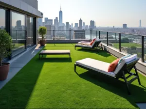 Urban Rooftop Grass Patio - High-angle view of a modern rooftop patio covered in artificial grass, with city skyline views and contemporary furniture