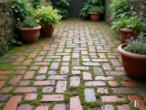 Vintage Brick Herringbone - Wide-angle view of a rustic patio floor made from salvaged vintage bricks laid in a herringbone pattern, with moss growing between bricks and terra cotta planters