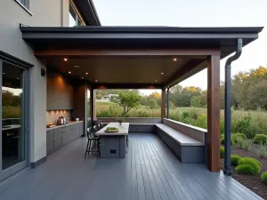 Waterproof Composite Entertainment Area - Normal view of a covered entertainment area with waterproof composite decking in graphite color, featuring built-in benches and outdoor kitchen