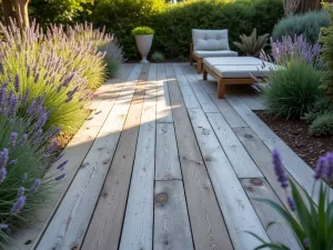 Weathered Barn Wood Patio - A rustic patio floor made from reclaimed barn wood planks, weathered to a silver-gray patina, surrounded by lavender and ornamental grasses, photographed in warm afternoon light