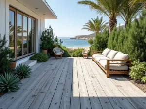 Weathered Driftwood Style - Wide-angle view of a beach-inspired patio with weathered gray wooden flooring resembling driftwood, accented with coastal vegetation