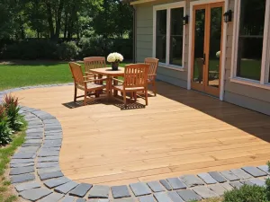 Wood and Stone Border - Normal view of a wooden patio floor with decorative stone border inlay, creating a transition between materials