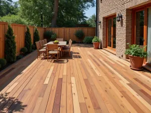 Wood-Look Epoxy Patio - Wide shot of a rustic-style patio with wood-grain effect epoxy flooring in warm brown tones, perfectly mimicking natural timber