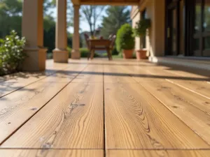 Wood-Look Porcelain Tiles - Close-up view of wood-effect porcelain tiles in warm honey tones, showing detailed grain texture and seamless installation on a covered patio