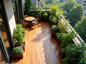 Wooden Deck Apartment Oasis - A high-rise apartment balcony with warm teak wood decking tiles, lush container gardens, and a small water feature, shot from above