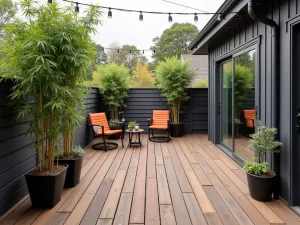 Wooden Deck Mini Patio - Compact elevated patio with weathered cedar decking boards, string lights overhead, and container bamboo plants, shot from corner angle