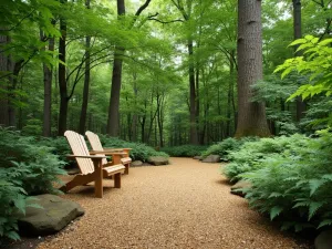 Woodland Edge Gravel Retreat - Natural woodland patio with fine golden gravel, nestled against a backdrop of mature trees. Adirondack chairs and native ferns create a peaceful forest retreat setting.