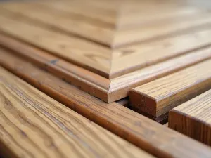 Wrapped Wood Edge Detail - Close-up detail of a wooden patio floor with expertly wrapped edge details, showing mitered corners and smooth transitions