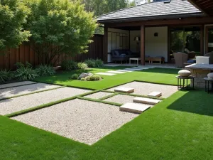 Zen Garden Artificial Turf - Japanese-inspired patio with artificial grass sections interspersed with gravel patterns and stepping stones, viewed from a 45-degree angle