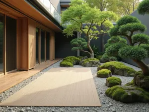 Zen Garden Carpet Setting - Minimalist outdoor carpet in natural bamboo tones, surrounded by rock gardens, moss, and carefully pruned bonsai trees